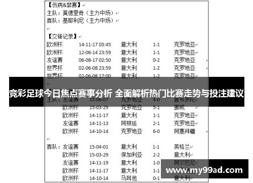 竞彩足球今日焦点赛事分析 全面解析热门比赛走势与投注建议